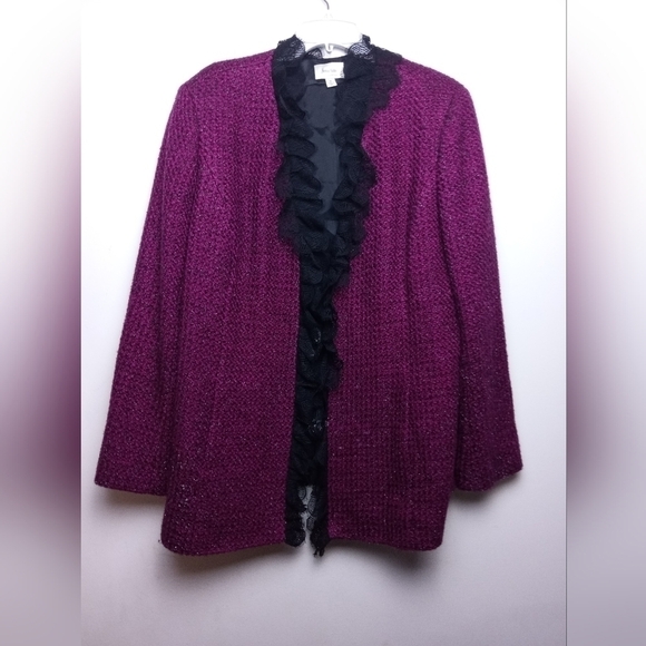 Neiman Marcus Exclusive Burgundy Red/Black Metallic Wool Blend Blazer size 16 - Picture 1 of 14